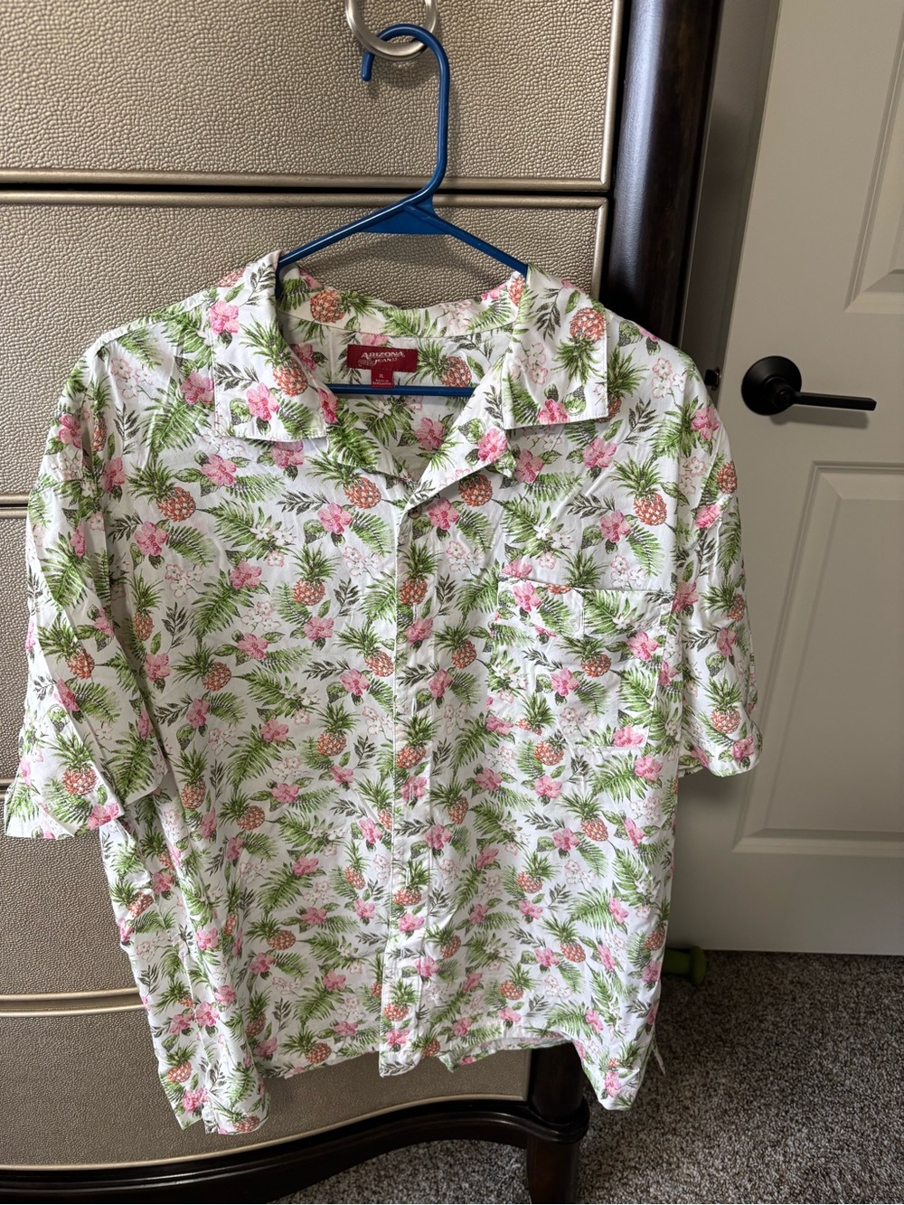 Men's Short-Sleeve Tropical Print Shirt - White with Pink & Green